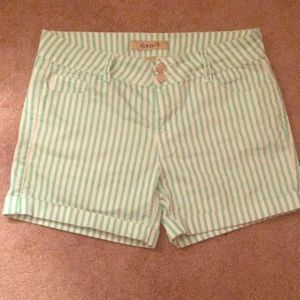 Green and white vertical striped Karen T Shorts.